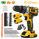 Furadeira-parafusadeira de 21V com 2 baterias, kit completo incluindo caixa de papel e acessórios, adequada para diversos cenários como projetos DIY domésticos e reparos profissionais.